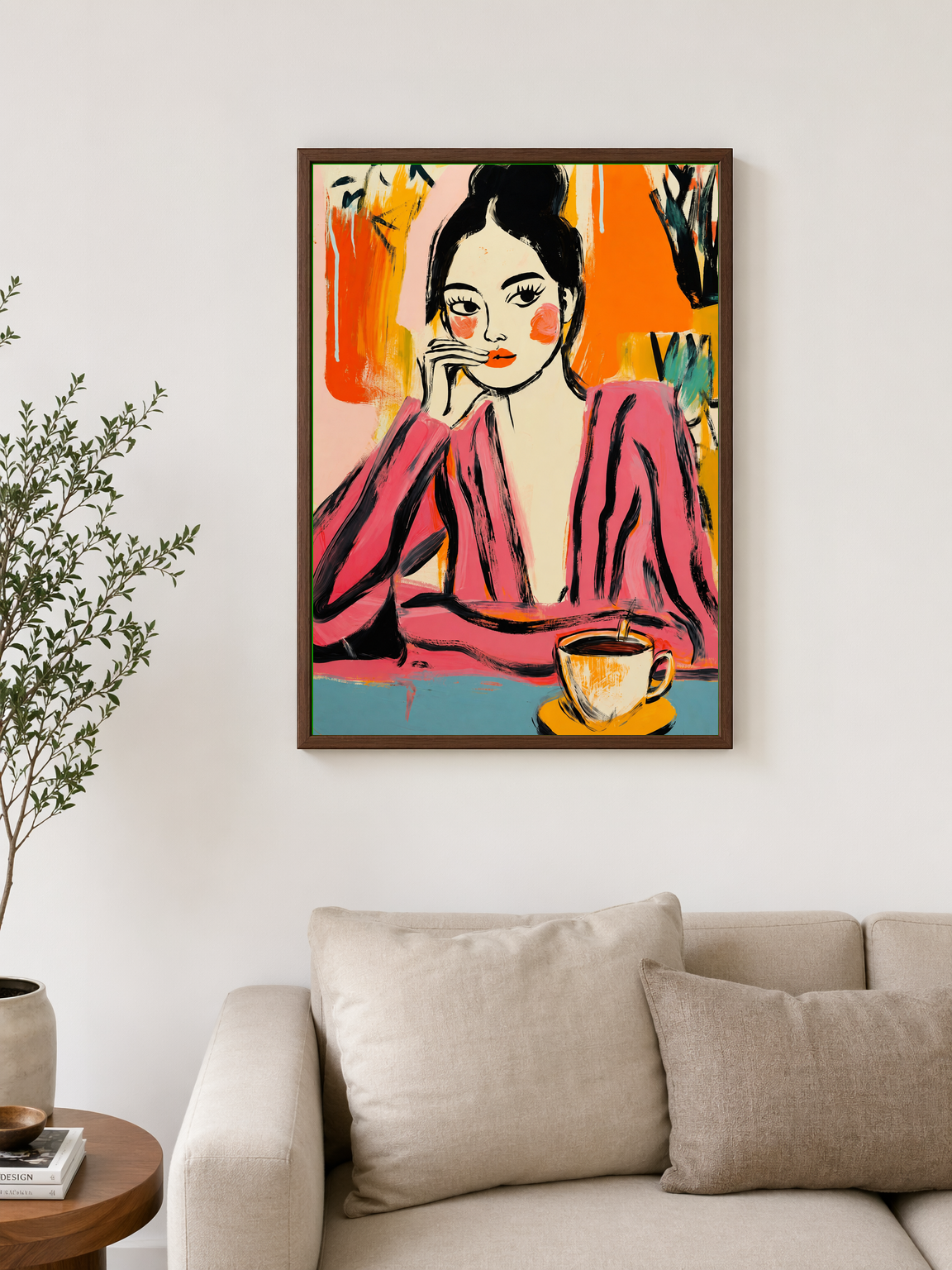 Pink Feminine Portrait Wall Art Print - dark wood framed
