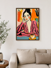 Pink Feminine Portrait Wall Art Print - dark wood framed