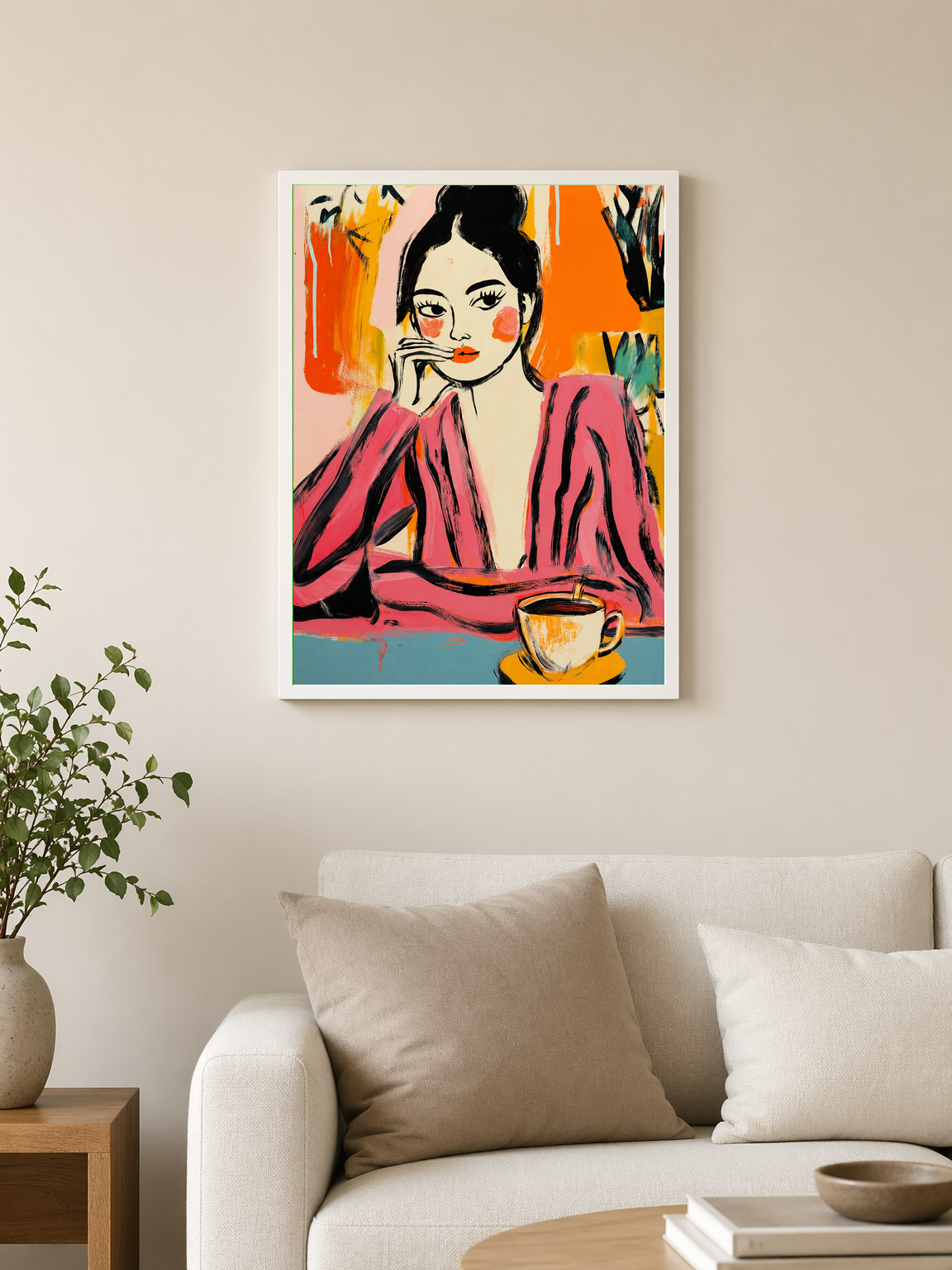 Pink Feminine Portrait Wall Art Print - white framed
