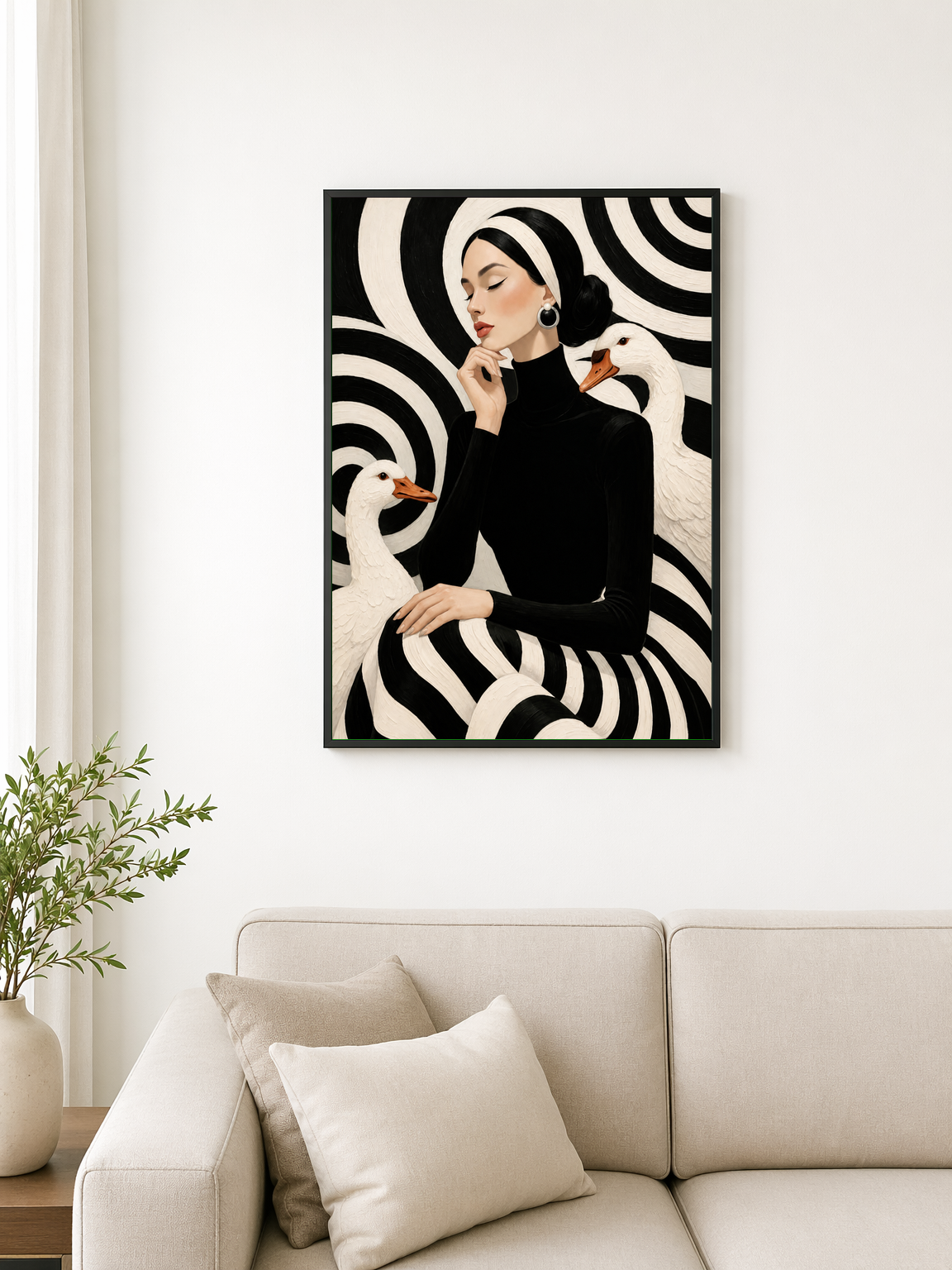 Black and White Woman with Geese Wall Art Print - black framed
