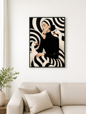 Black and White Woman with Geese Wall Art Print - black framed