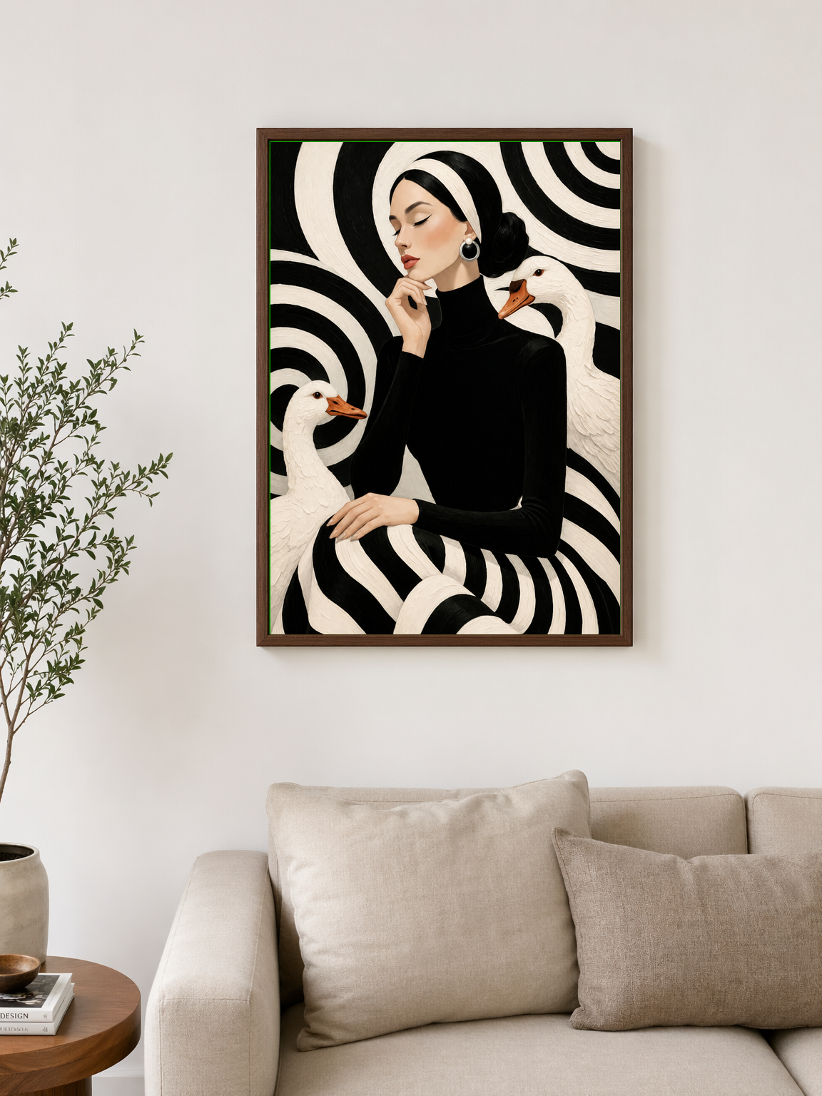 Black and White Woman with Geese Wall Art Print - dark wood framed