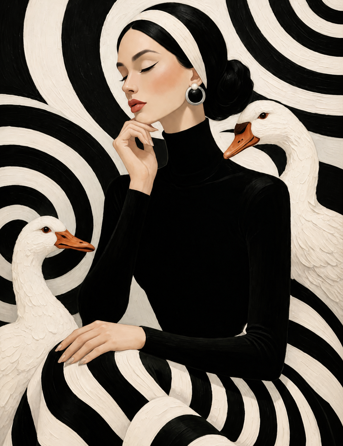 Black and White Woman with Geese Wall Art Print - unframed