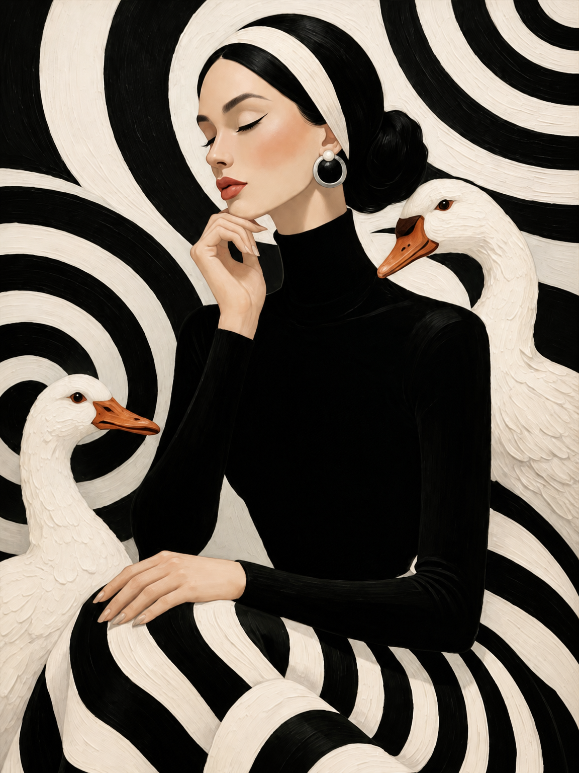 Black and White Woman with Geese Wall Art Print - unframed