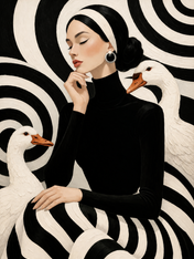 Black and White Woman with Geese Wall Art Print - unframed