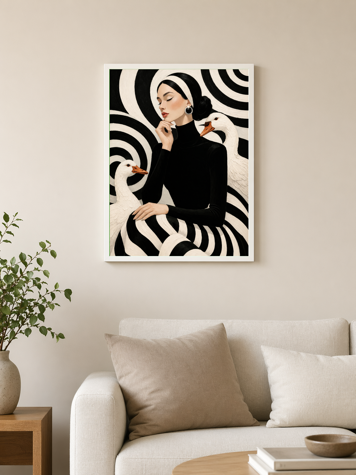 Black and White Woman with Geese Wall Art Print - white framed