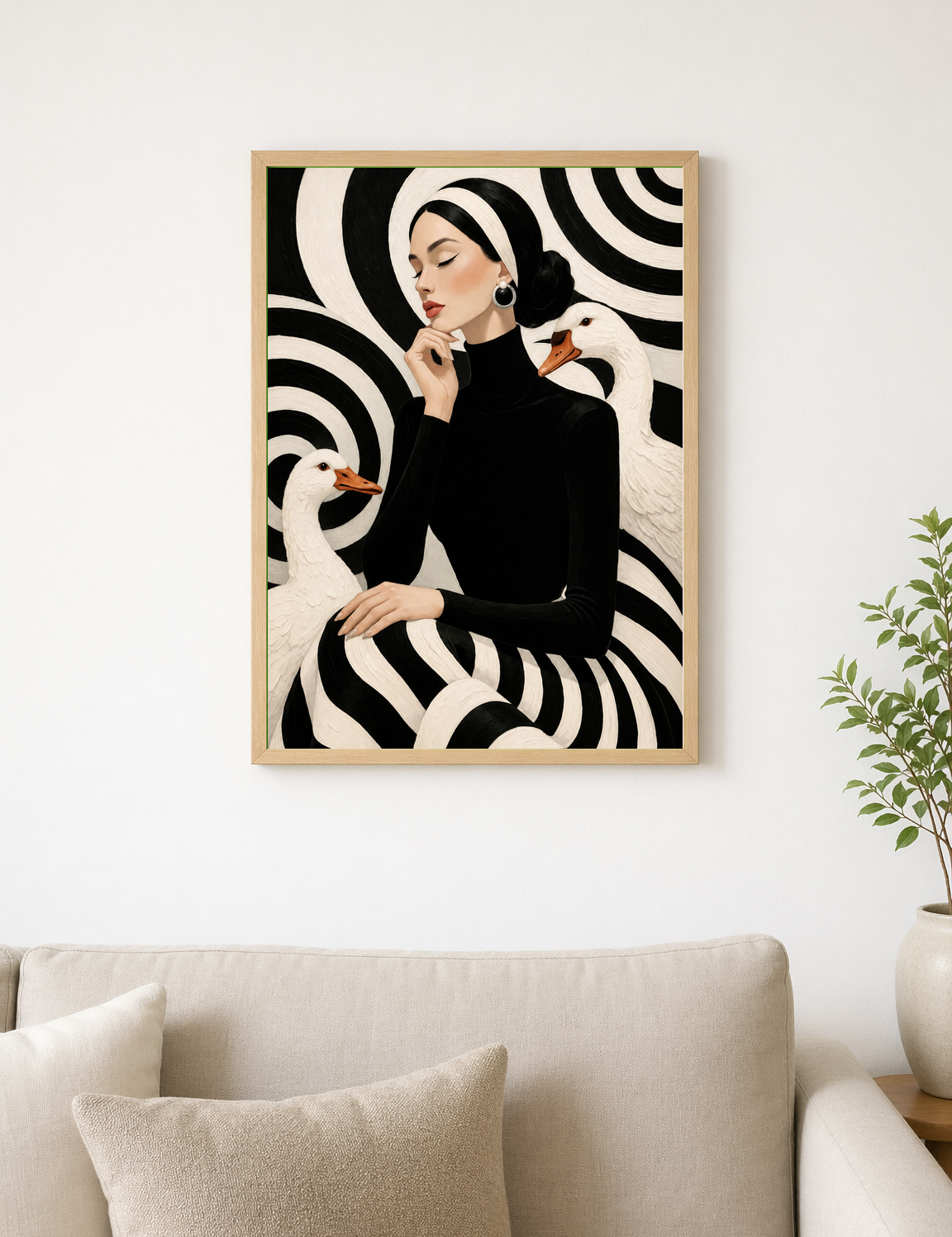 Black and White Woman with Geese Wall Art Print - wood framed poster