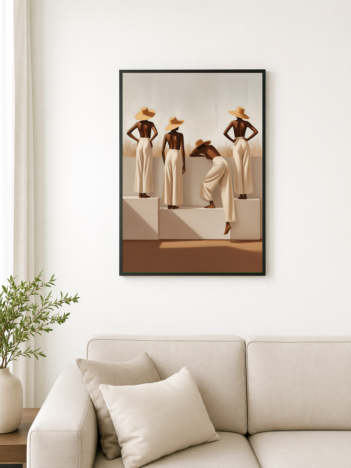 Minimalist Women in Hats Wall Art Print - black framed