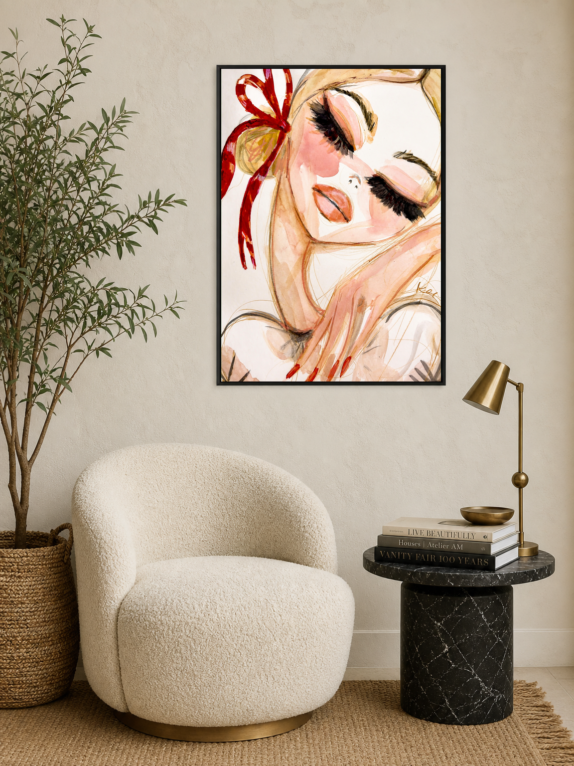 Feminine Portrait Watercolor Wall Art Print - black framed