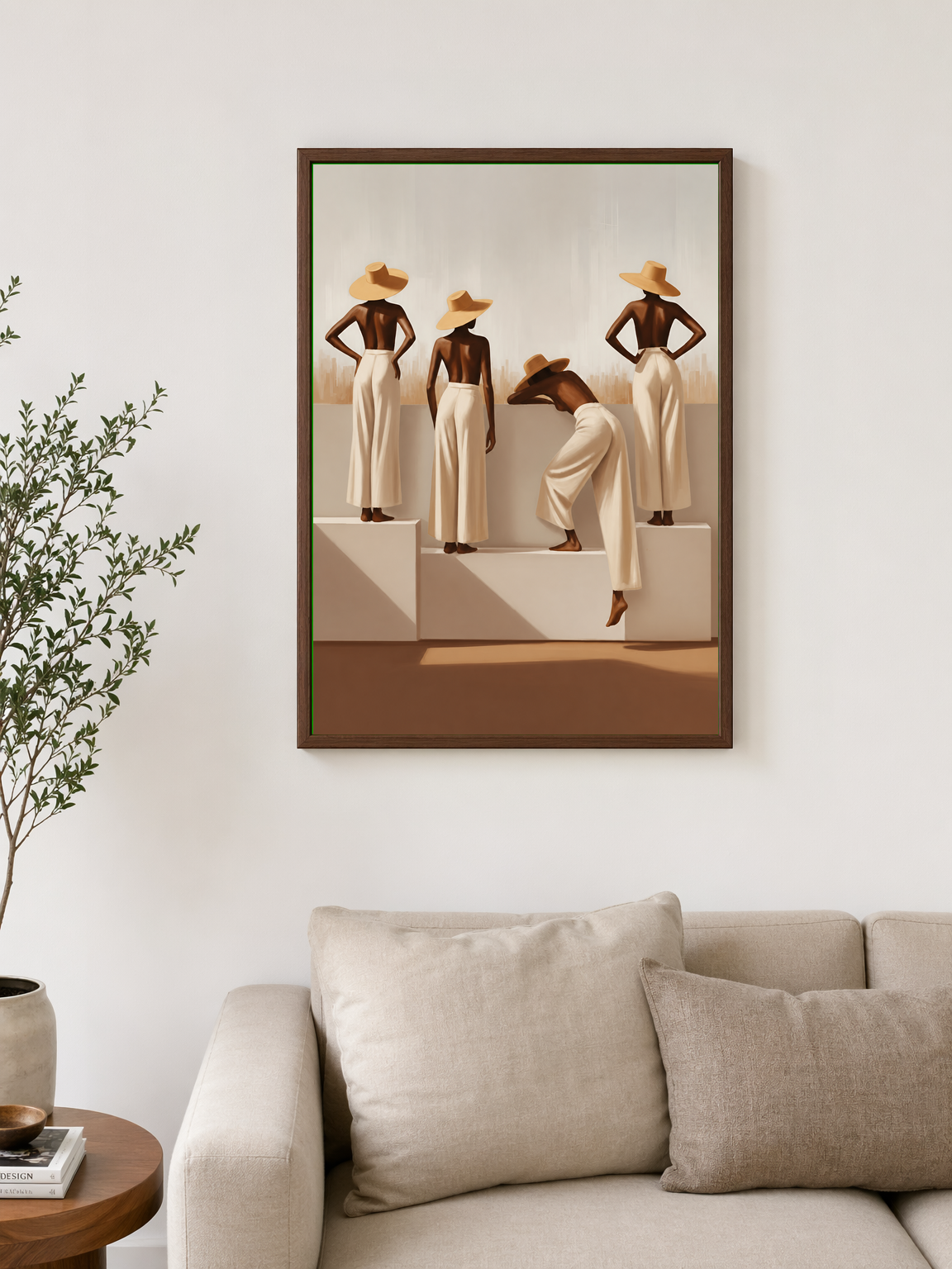 Minimalist Women in Hats Wall Art Print - dark wood framed