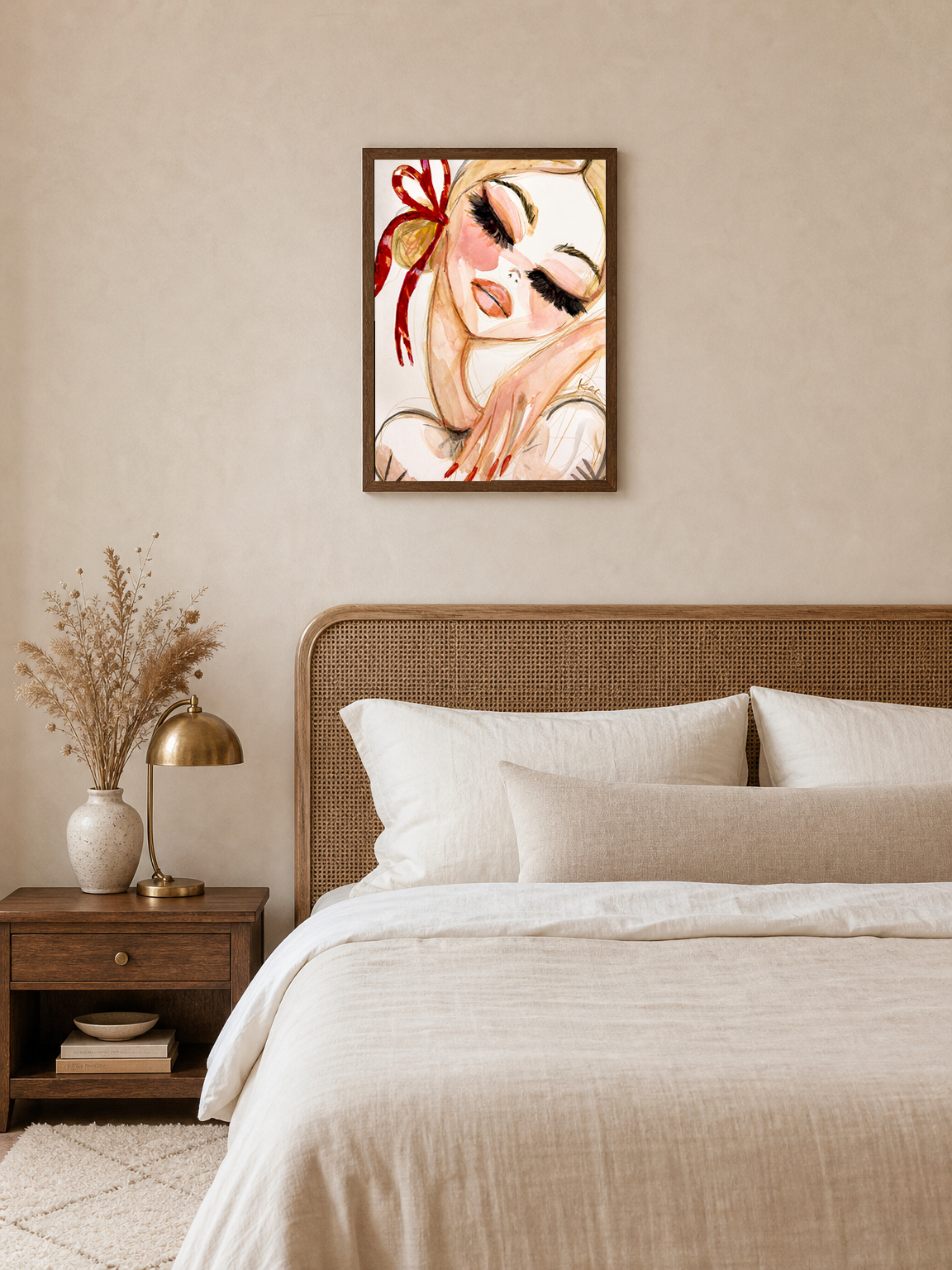 Feminine Portrait Watercolor Wall Art Print - dark wood framed
