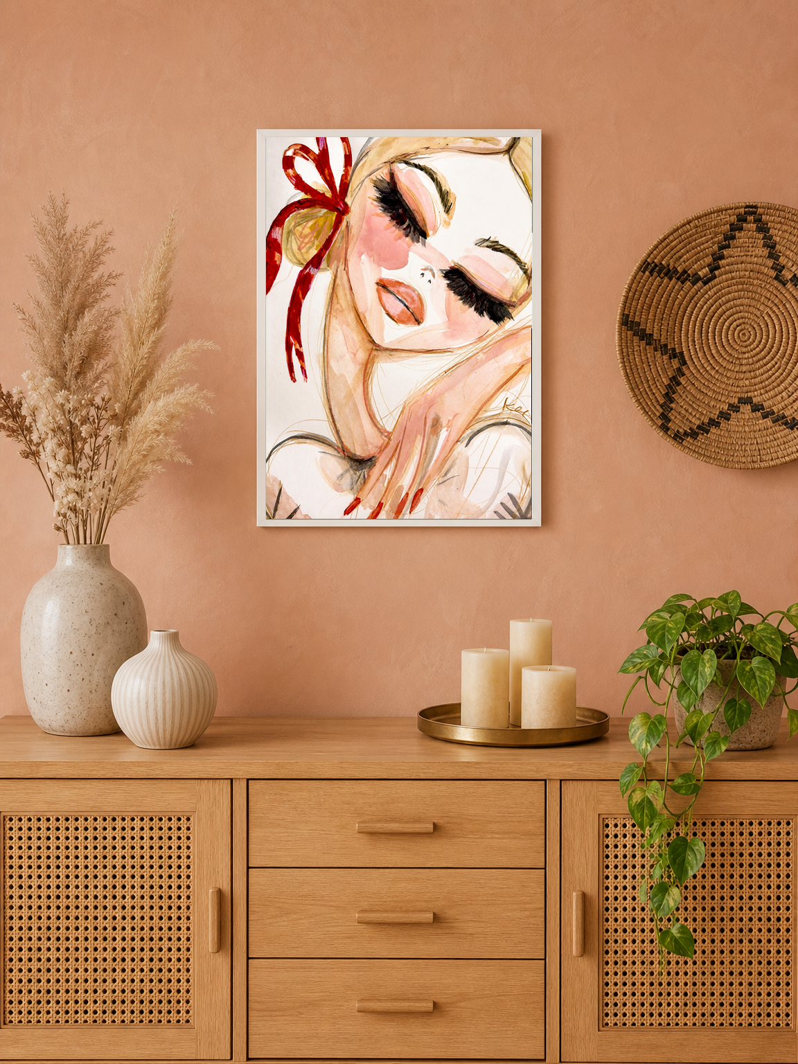 Feminine Portrait Watercolor Wall Art Print - white framed