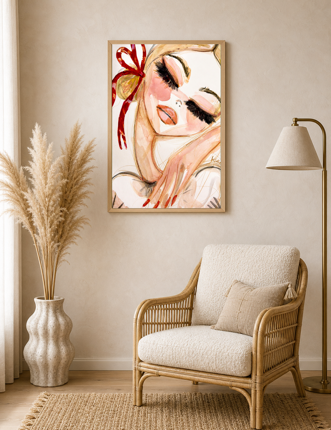 Feminine Portrait Watercolor Wall Art Print - wood framed poster
