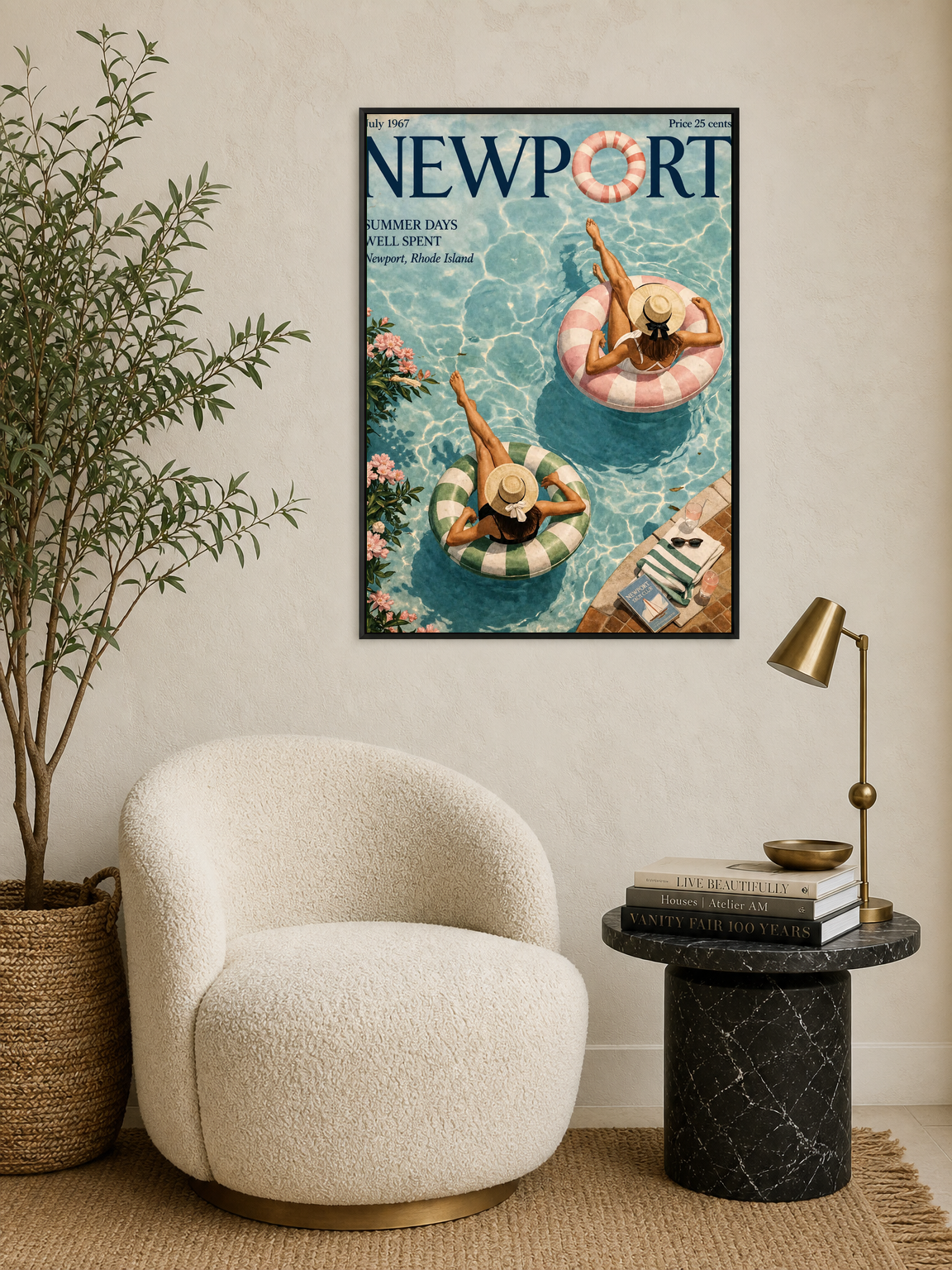 Newport Summer Poolside Wall Art Print - black framed
