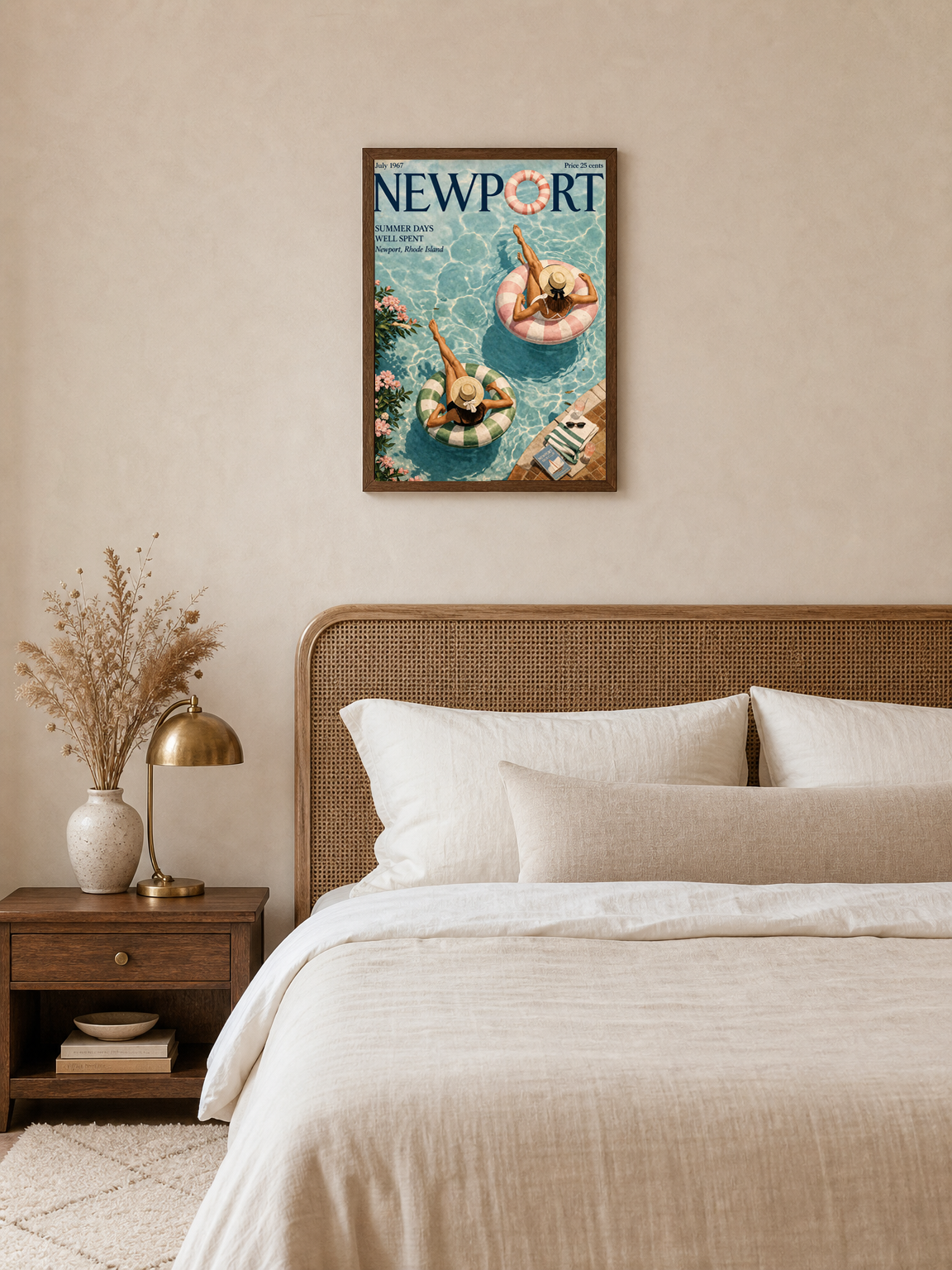 Newport Summer Poolside Wall Art Print - dark wood framed