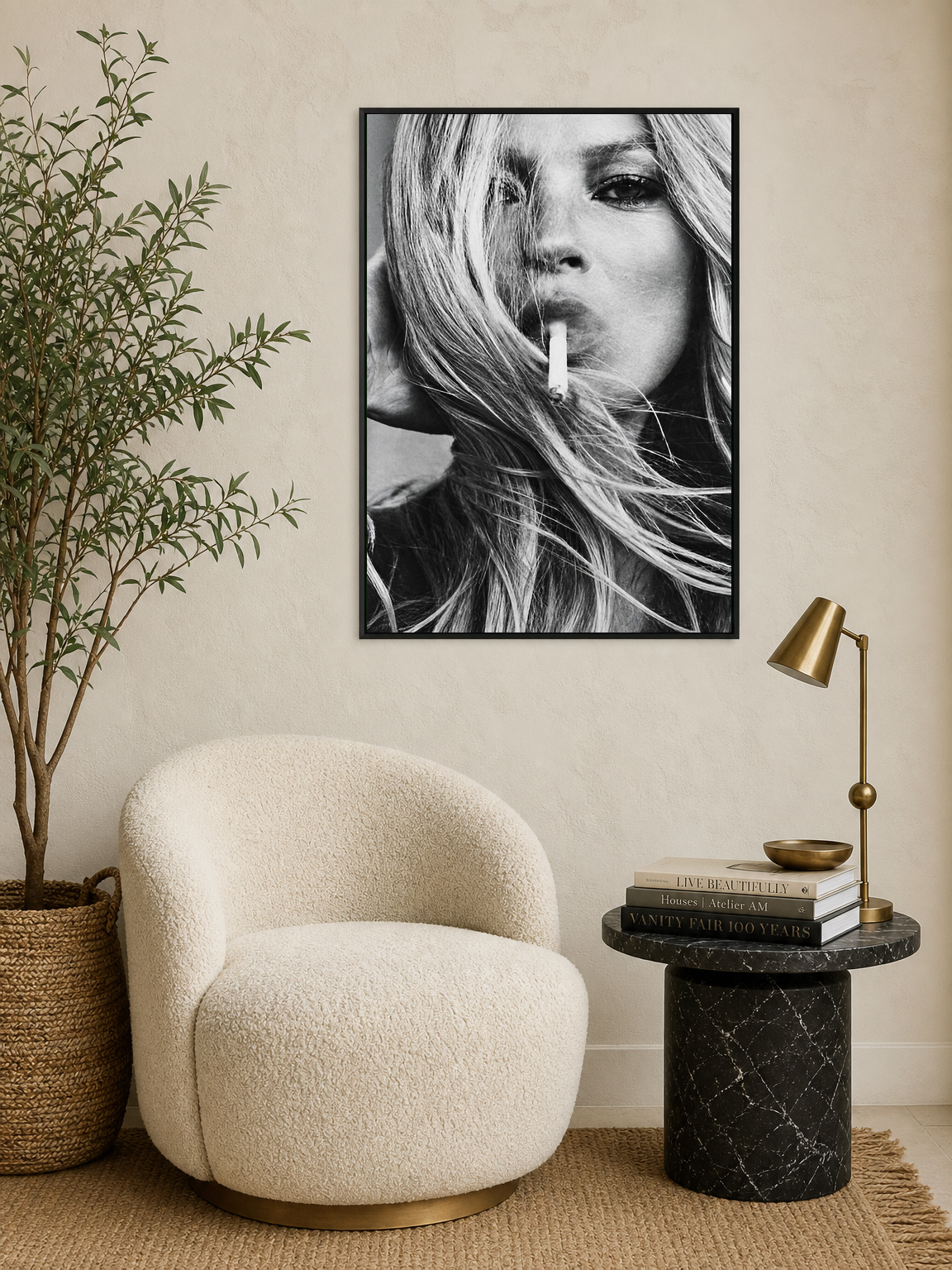 Edgy Black and White Portrait Wall Art Print - black framed