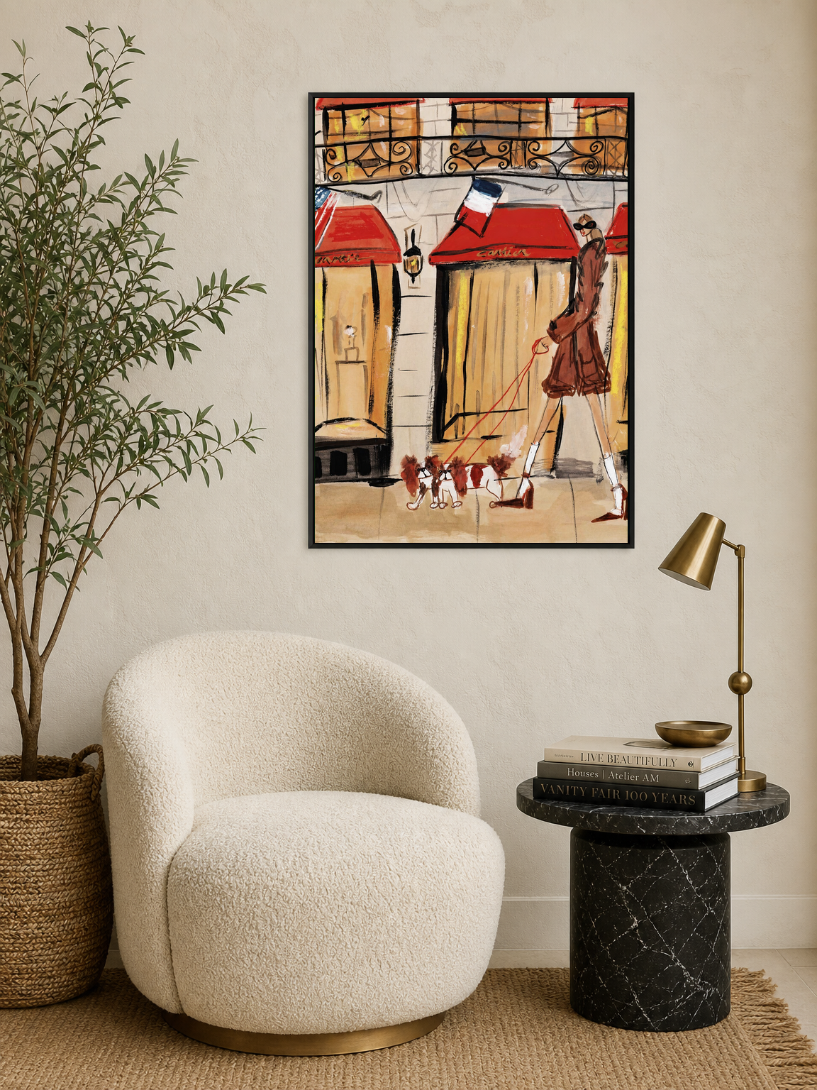 Chic Parisian Dog Walker Wall Art Print - black framed