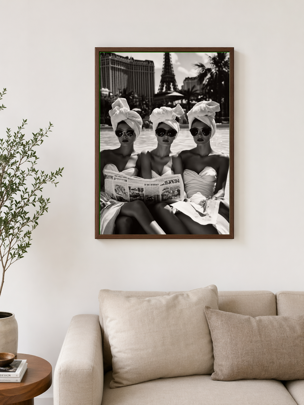 Glamorous Poolside Paris Wall Art Print - dark wood framed