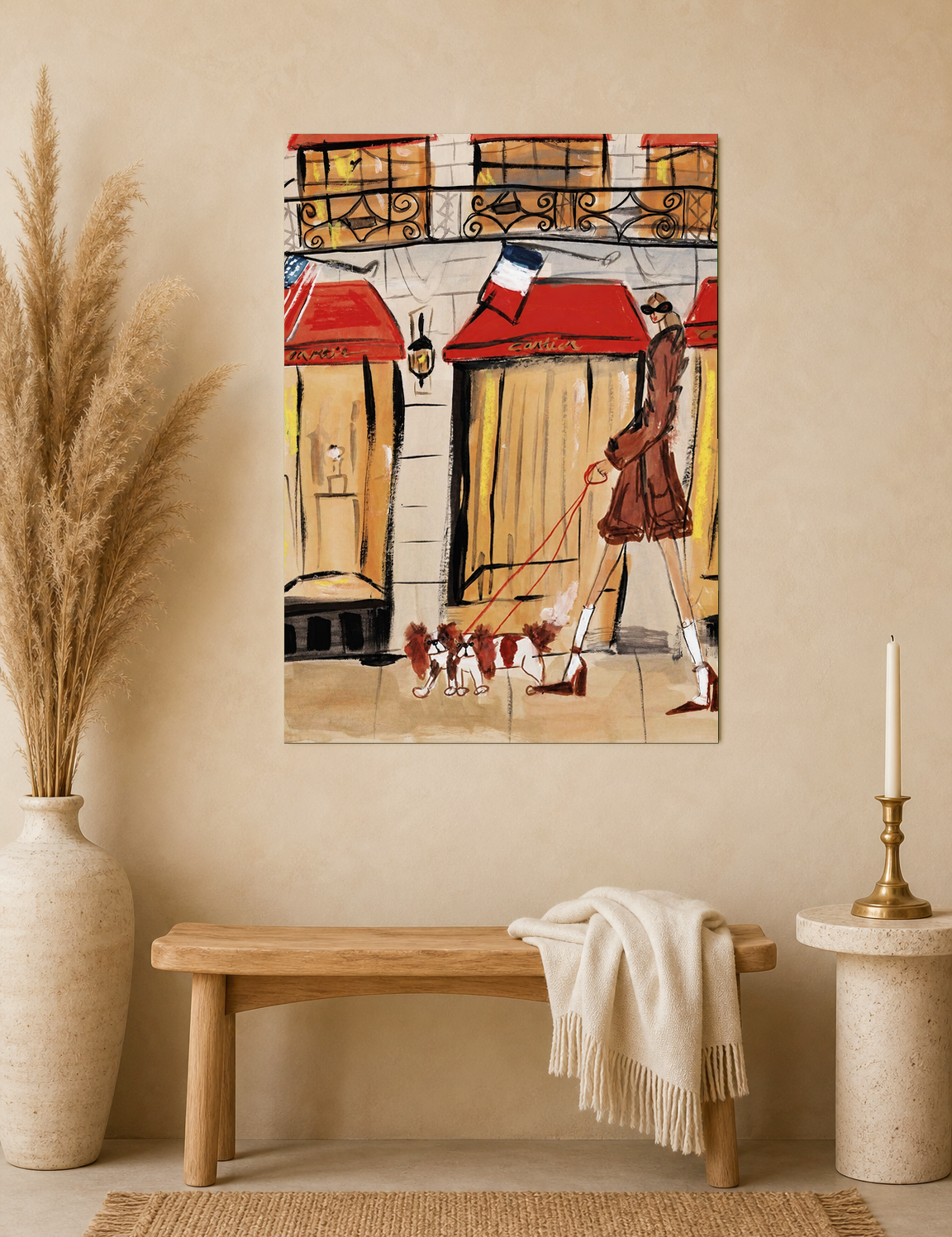 Chic Parisian Dog Walker Wall Art Print - unframed mockup