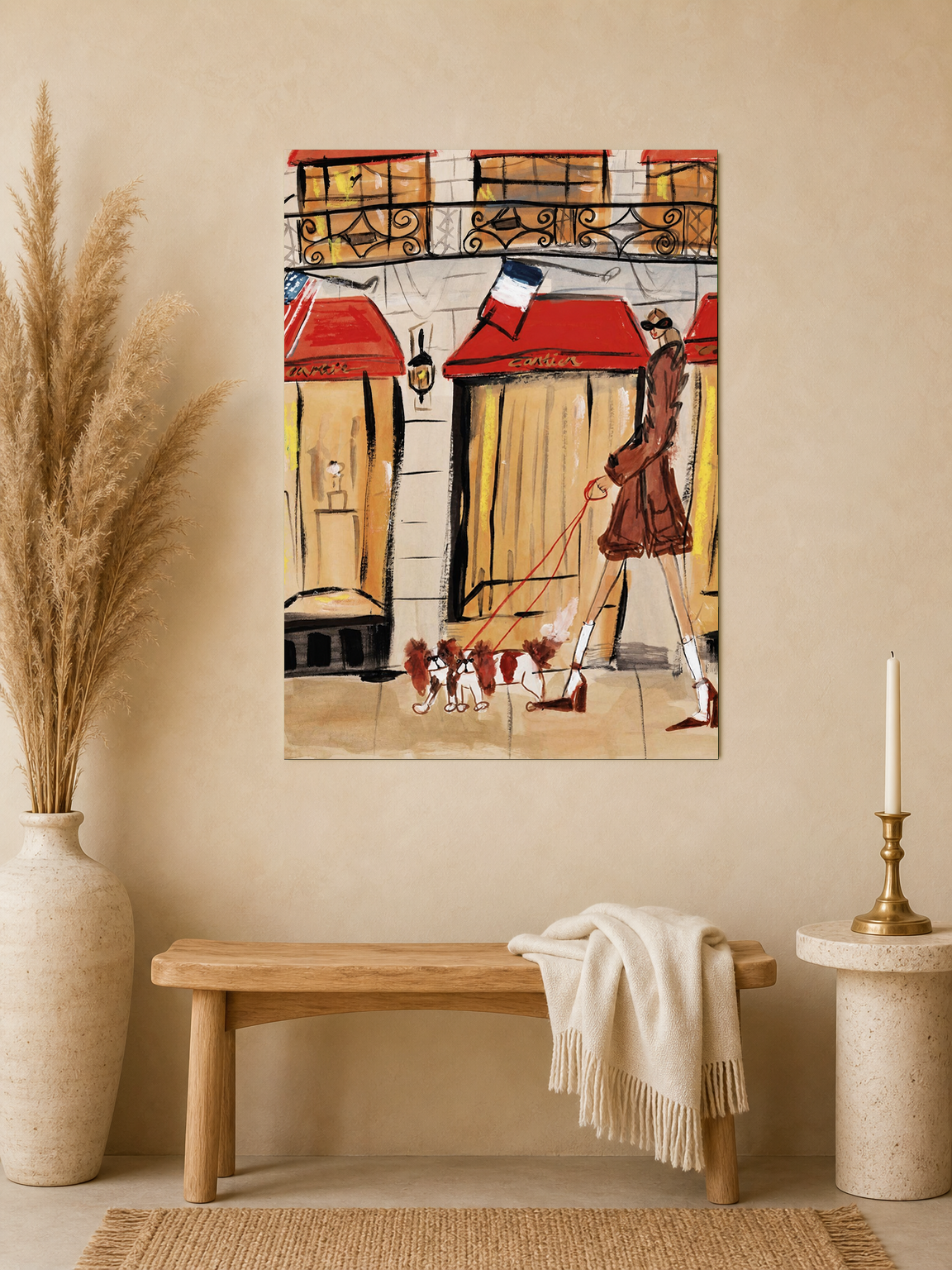 Chic Parisian Dog Walker Wall Art Print - unframed mockup