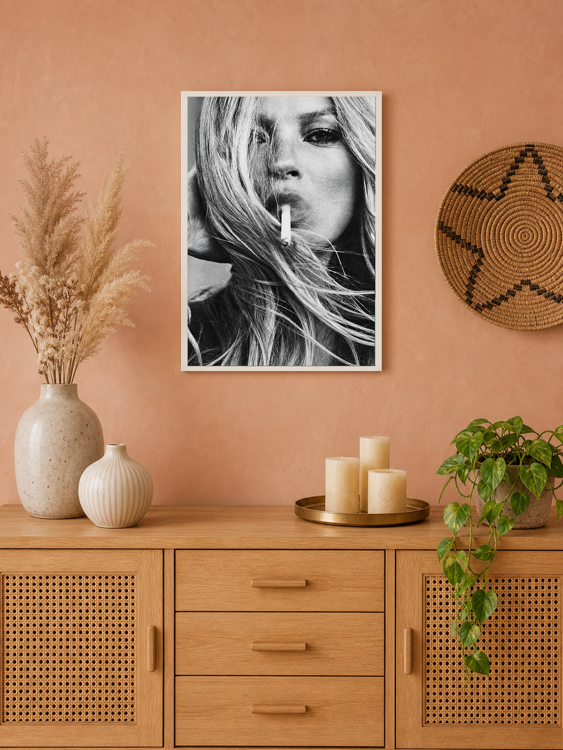 Edgy Black and White Portrait Wall Art Print - white framed