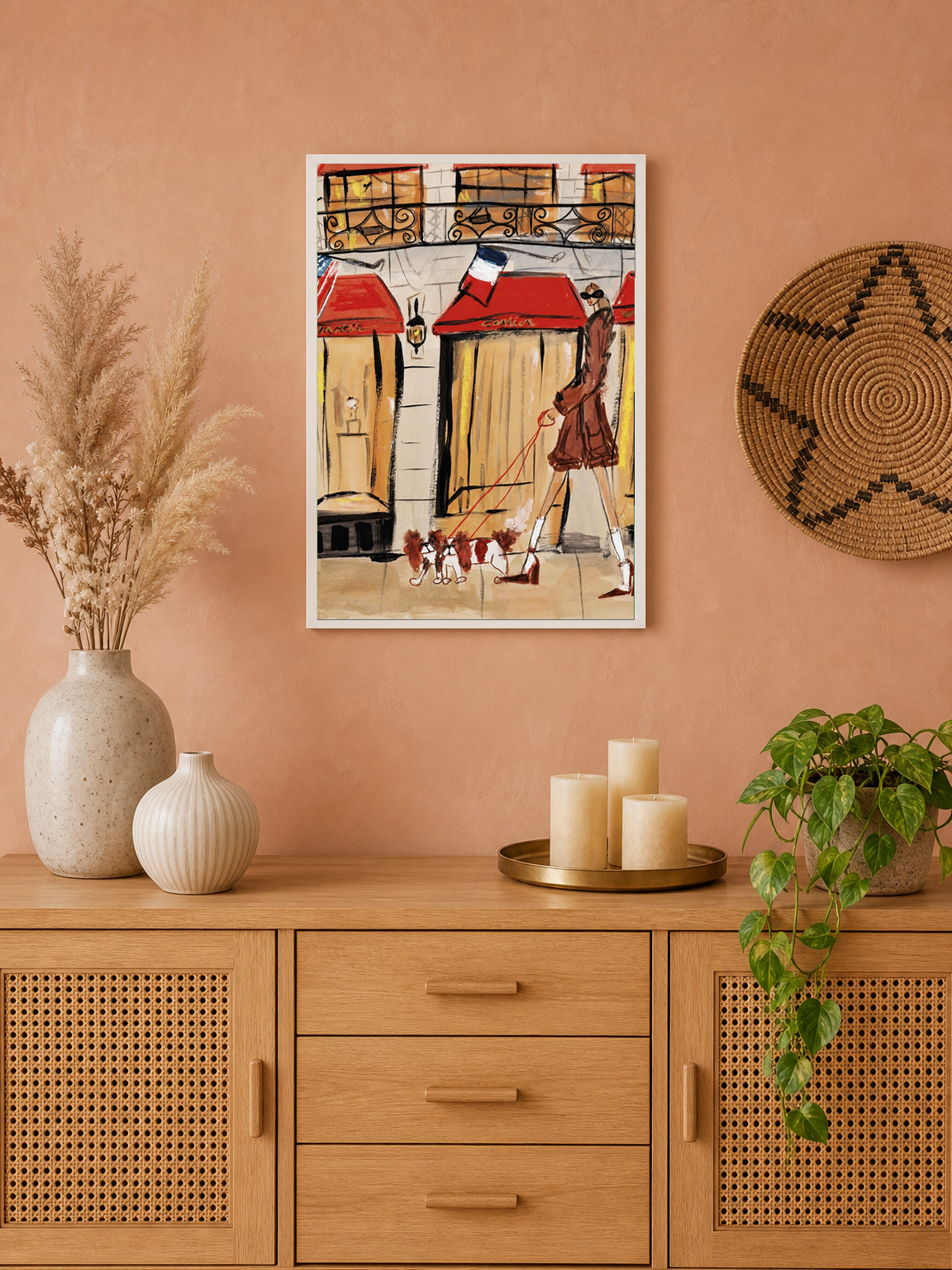 Chic Parisian Dog Walker Wall Art Print - white framed
