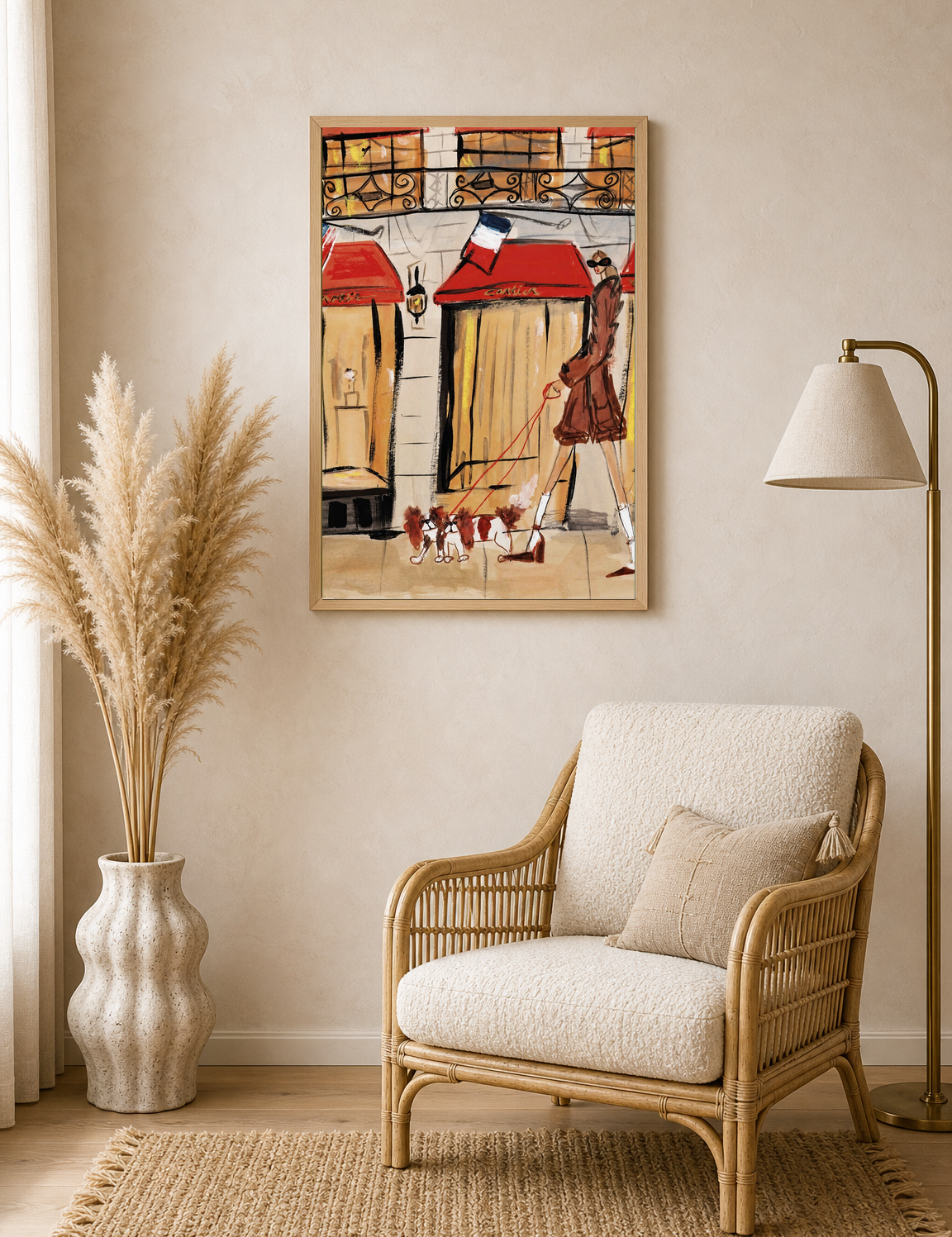Chic Parisian Dog Walker Wall Art Print - wood framed poster