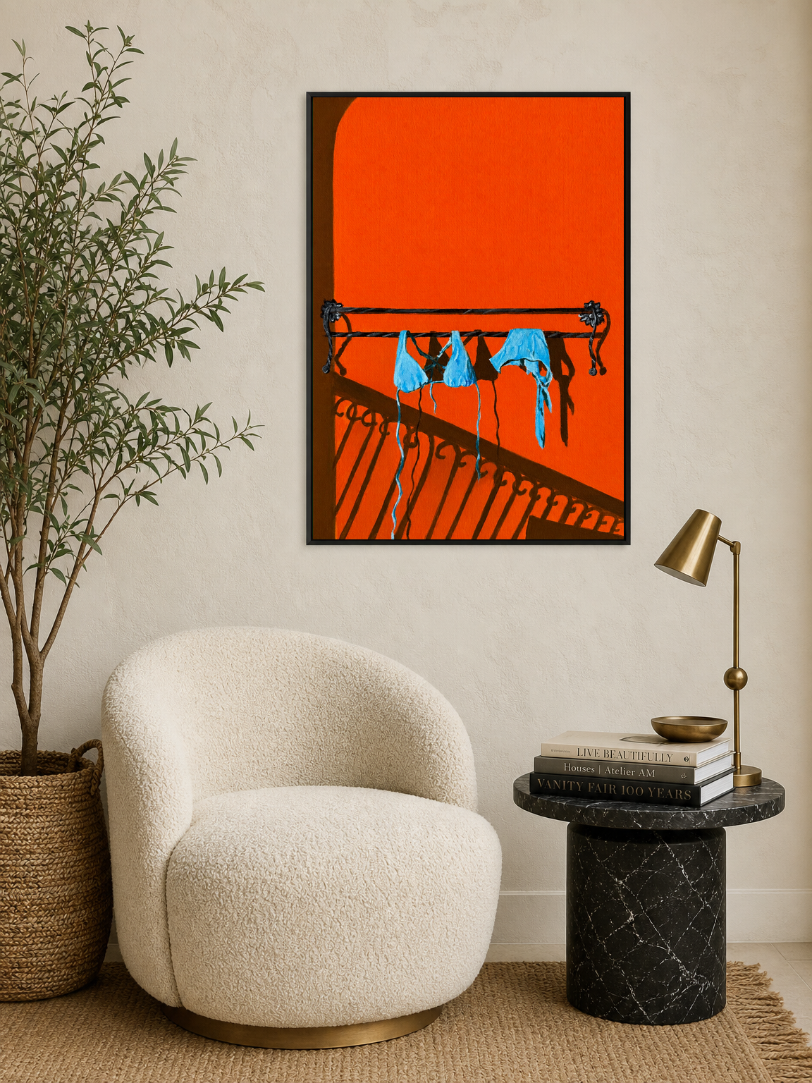 Blue Bikini Balcony Shadow Wall Art Print - black framed