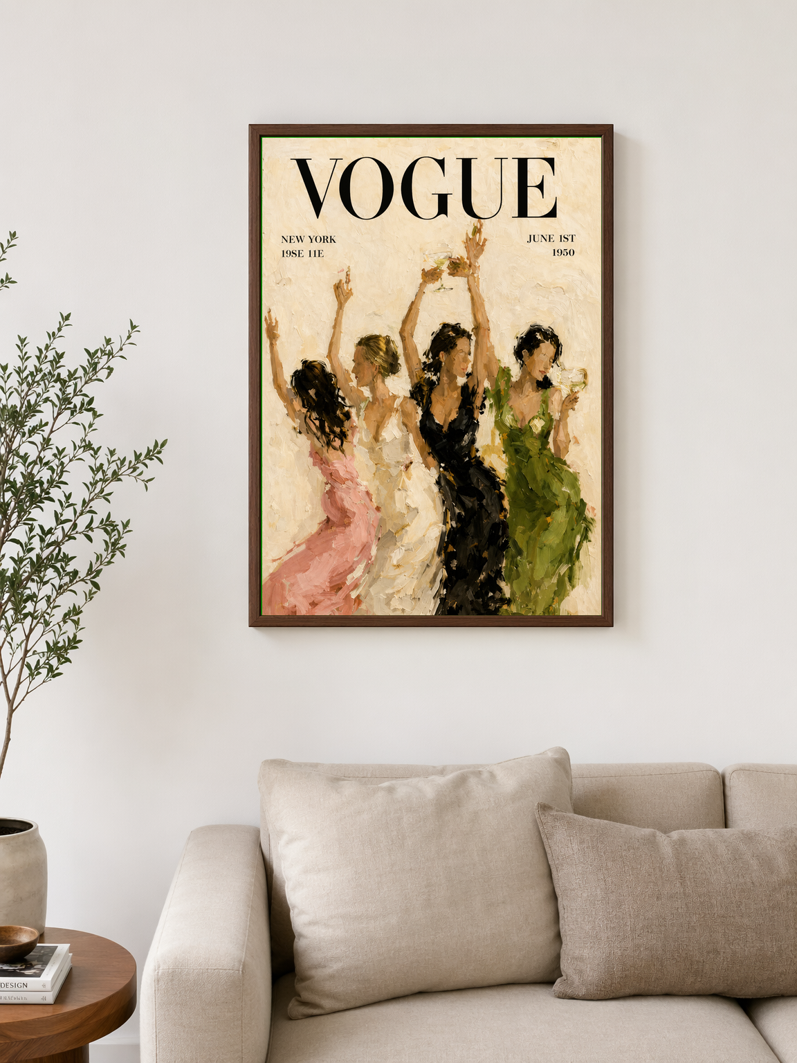 Vogue Dancing Ladies Wall Art Print - dark wood framed