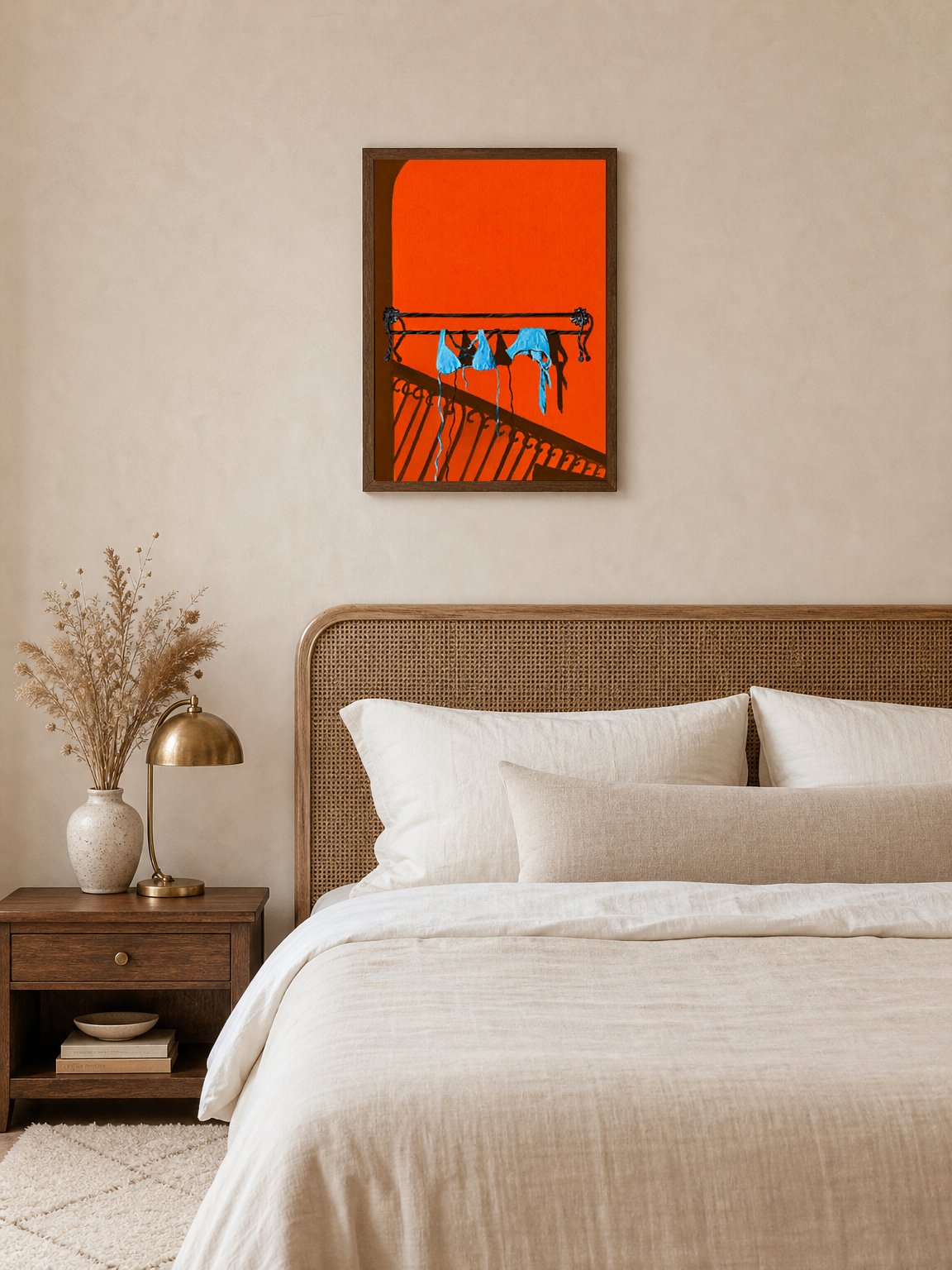 Blue Bikini Balcony Shadow Wall Art Print - dark wood framed