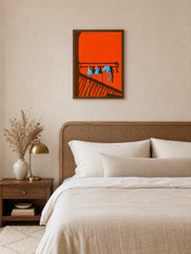 Blue Bikini Balcony Shadow Wall Art Print - dark wood framed