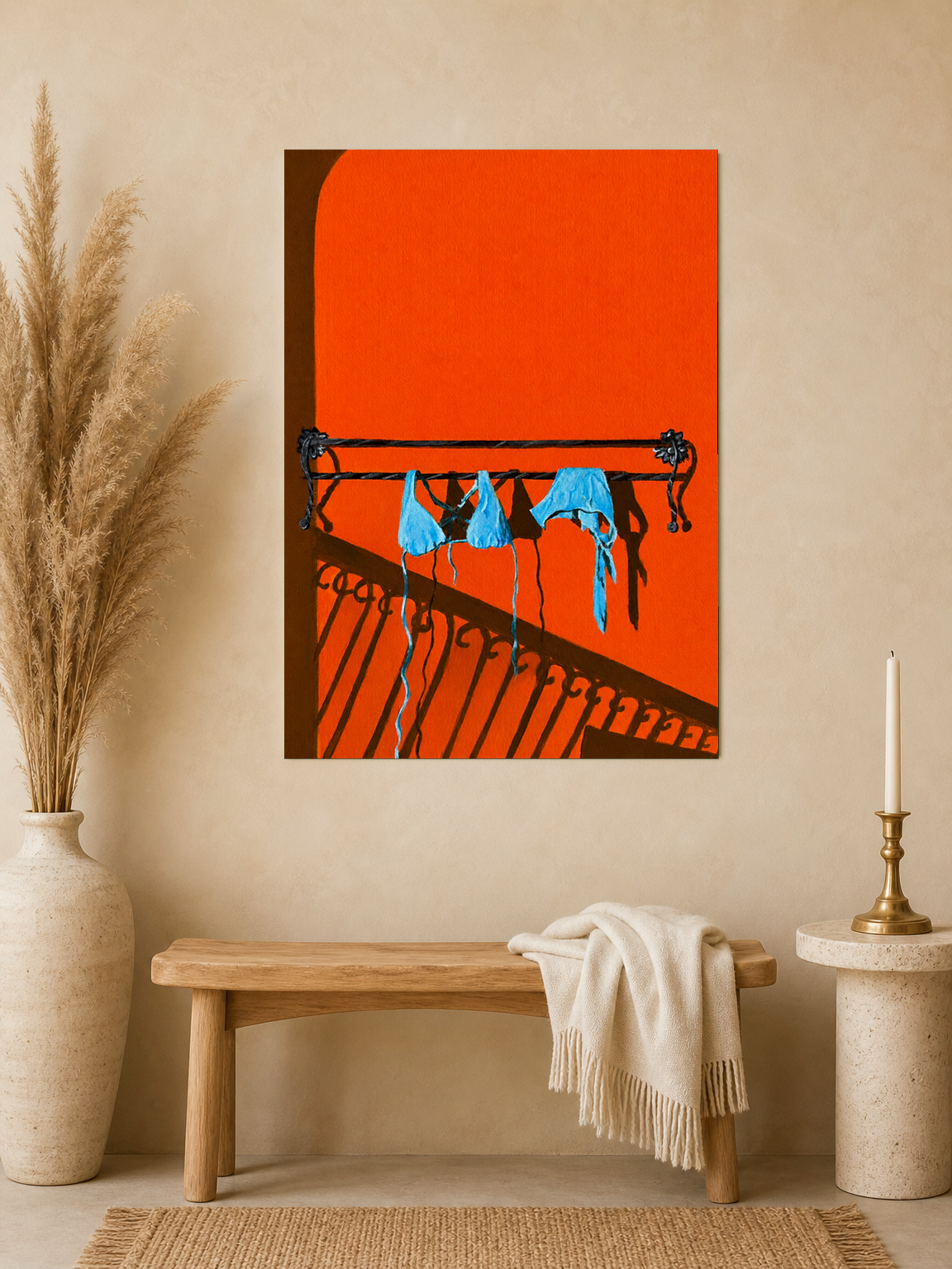 Blue Bikini Balcony Shadow Wall Art Print - unframed mockup