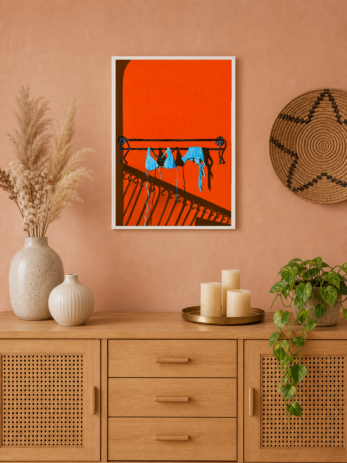 Blue Bikini Balcony Shadow Wall Art Print - white framed