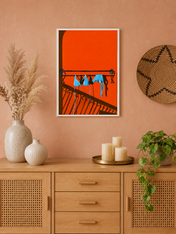 Blue Bikini Balcony Shadow Wall Art Print - white framed