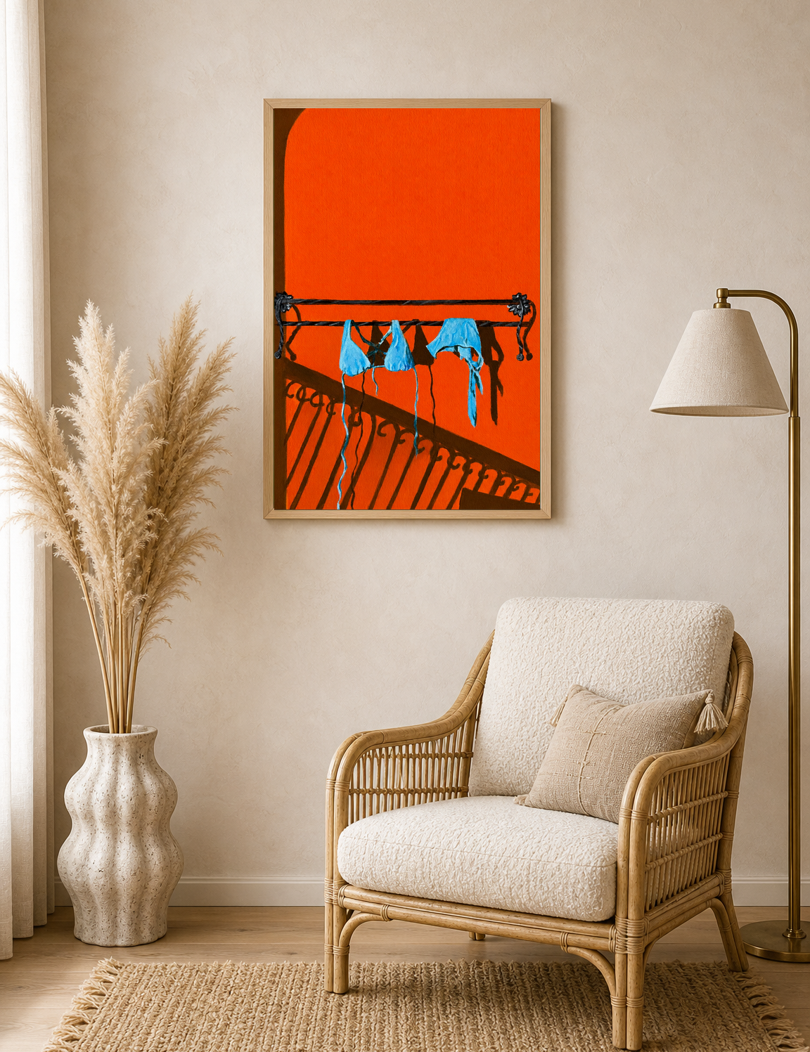 Blue Bikini Balcony Shadow Wall Art Print - wood framed poster