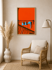 Blue Bikini Balcony Shadow Wall Art Print - wood framed poster