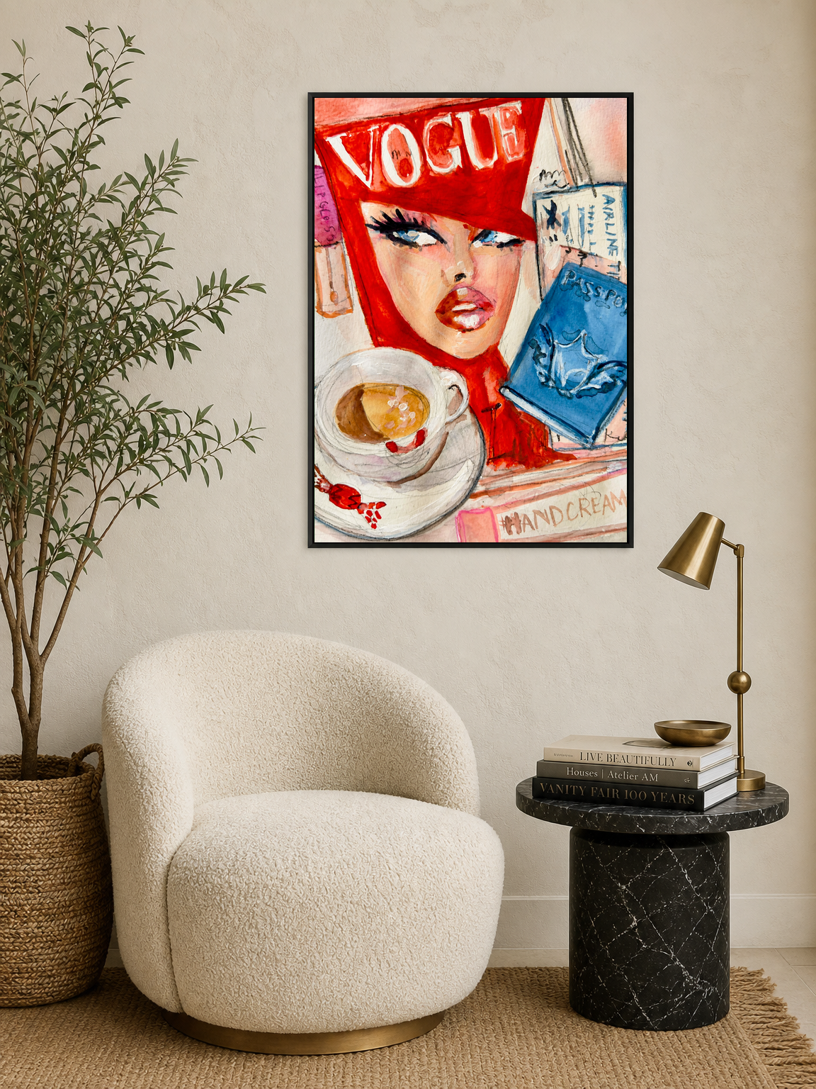 Vogue Travel Girl Fashion Wall Art Print - black framed