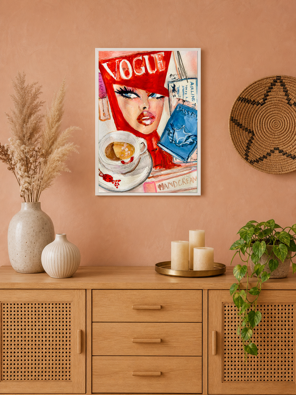 Vogue Travel Girl Fashion Wall Art Print - white framed