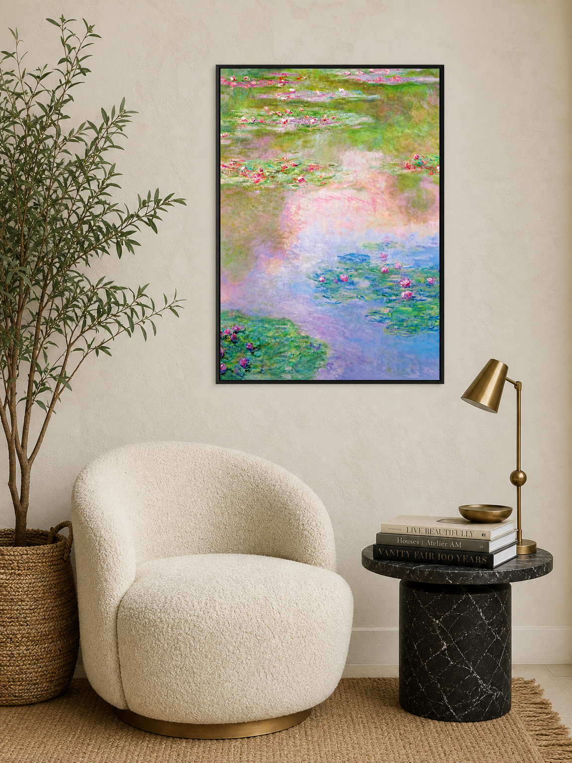 Impressionist Water Lilies Wall Art Print - black framed