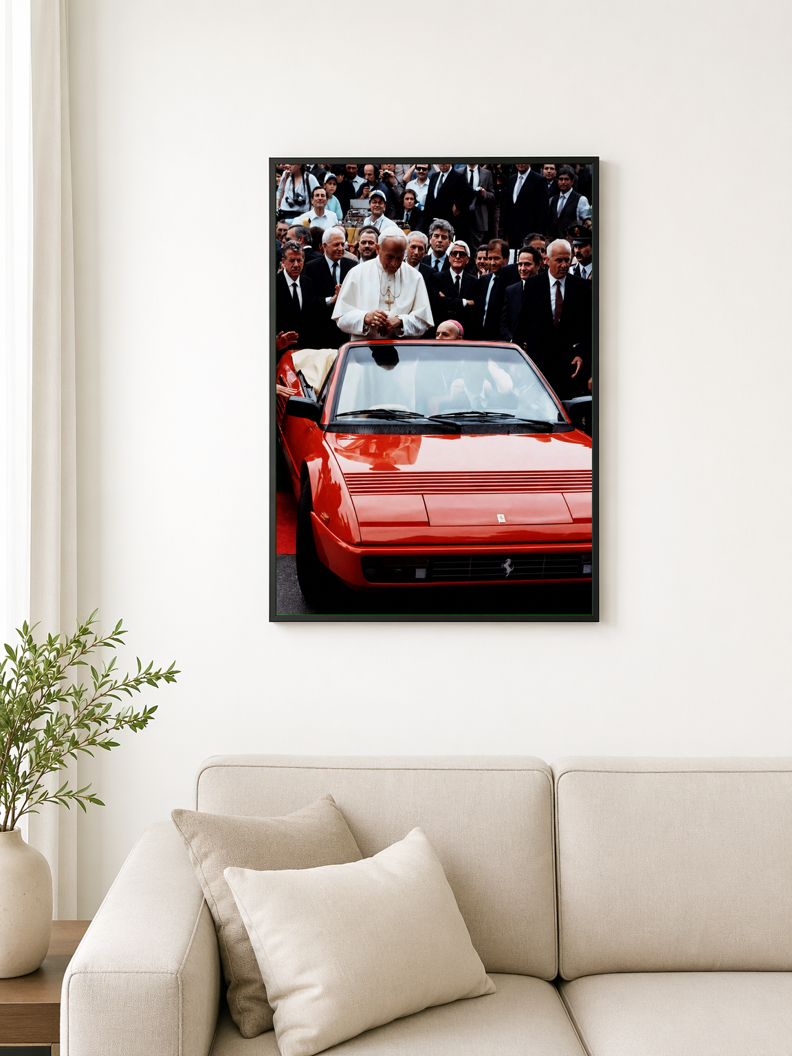 Pope in Red Ferrari Wall Art Print - black framed