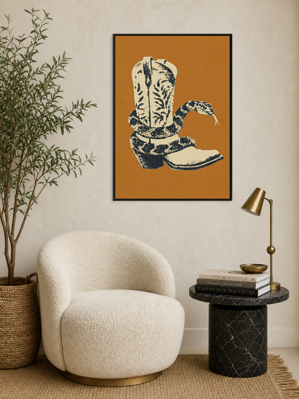 Rattlesnake Cowboy Boot Wall Art Print - black framed