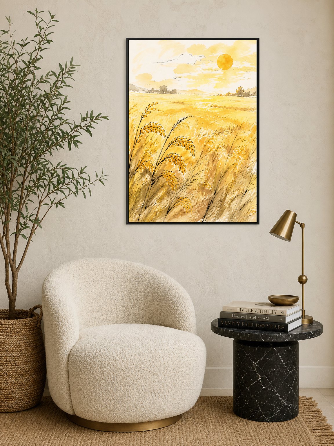 Golden Wheat Field Sunrise Wall Art Print - black framed