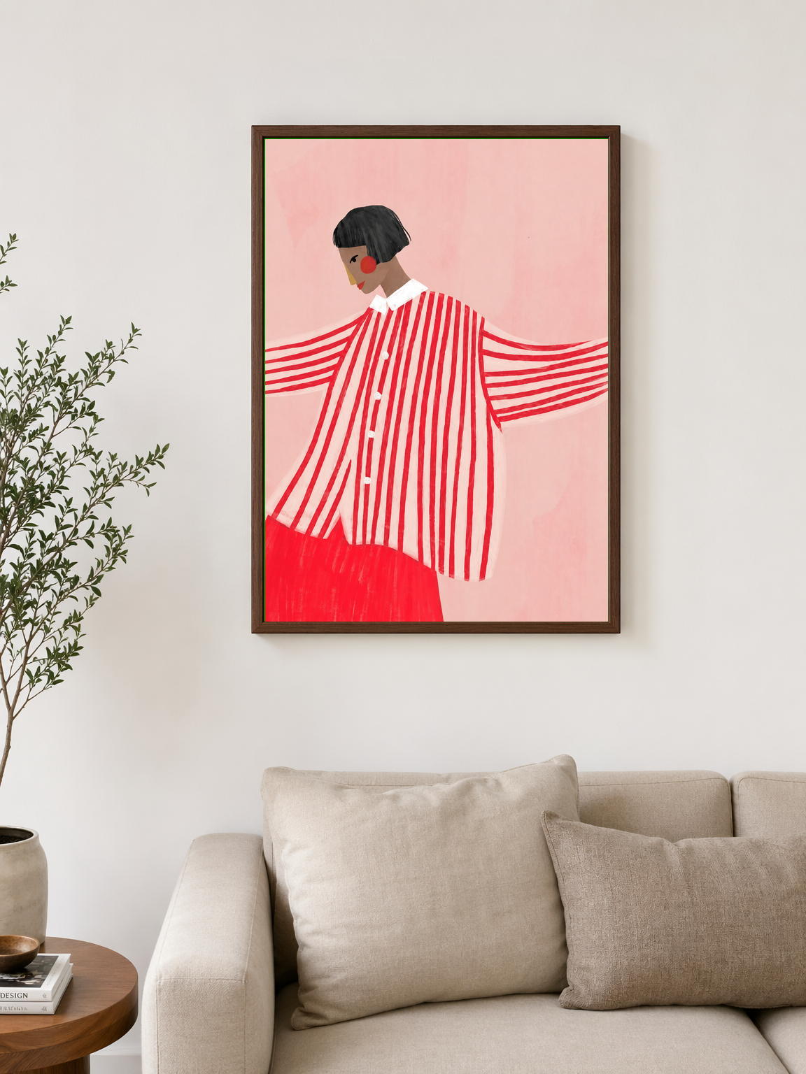 Bold Striped Woman Illustration Wall Art Print - dark wood framed