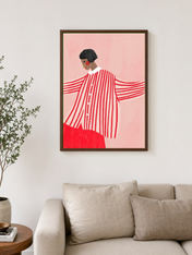 Bold Striped Woman Illustration Wall Art Print - dark wood framed