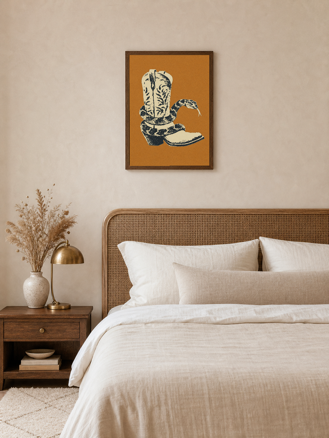 Rattlesnake Cowboy Boot Wall Art Print - dark wood framed
