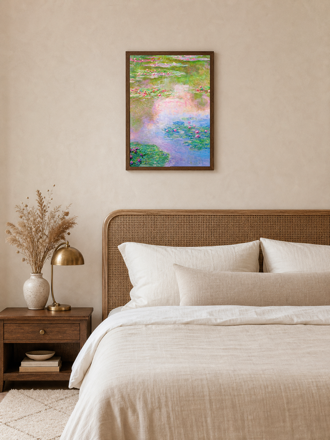 Impressionist Water Lilies Wall Art Print - dark wood framed
