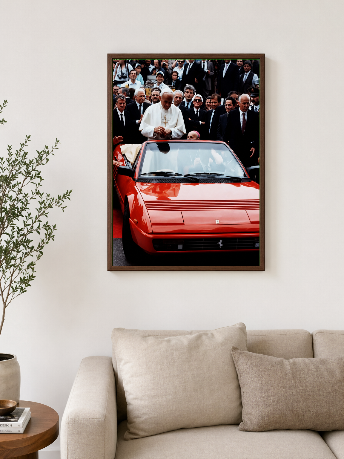 Pope in Red Ferrari Wall Art Print - dark wood framed