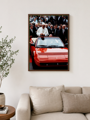 Pope in Red Ferrari Wall Art Print - dark wood framed