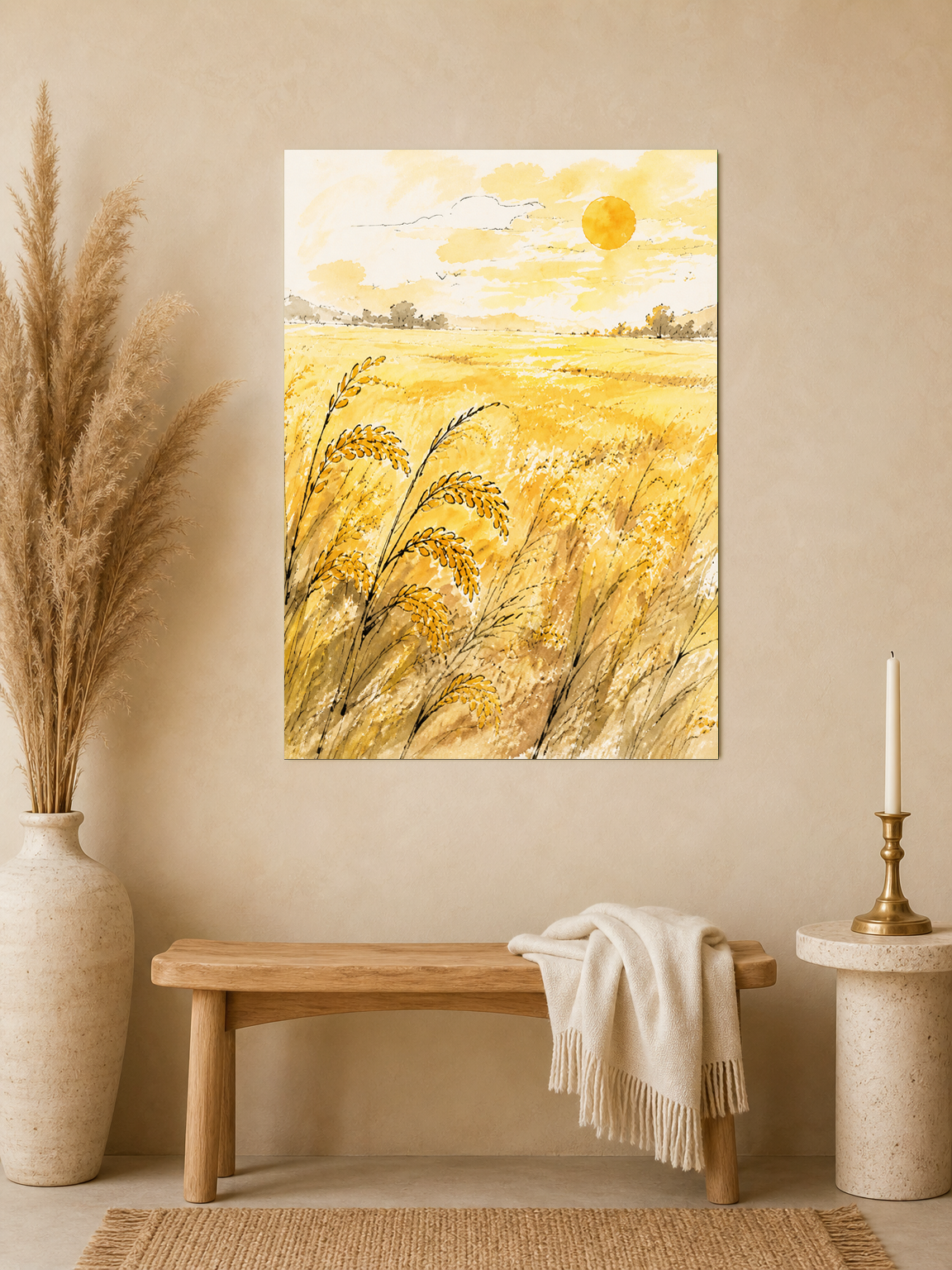 Golden Wheat Field Sunrise Wall Art Print - unframed mockup