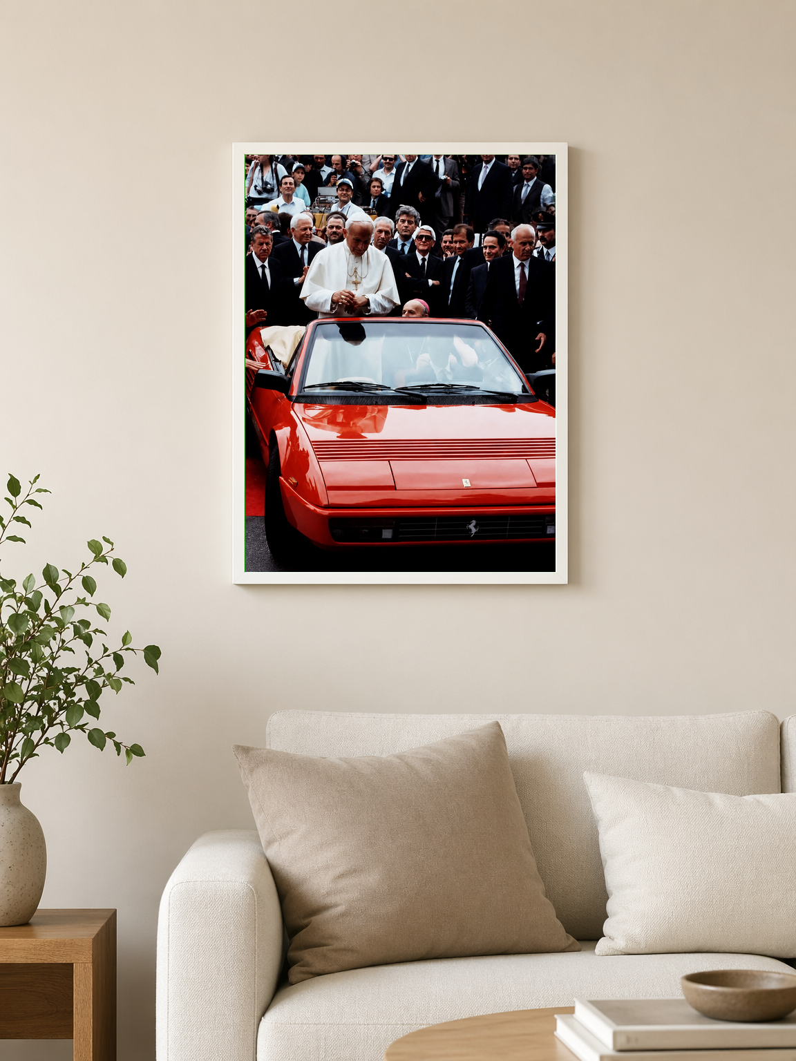 Pope in Red Ferrari Wall Art Print - white framed